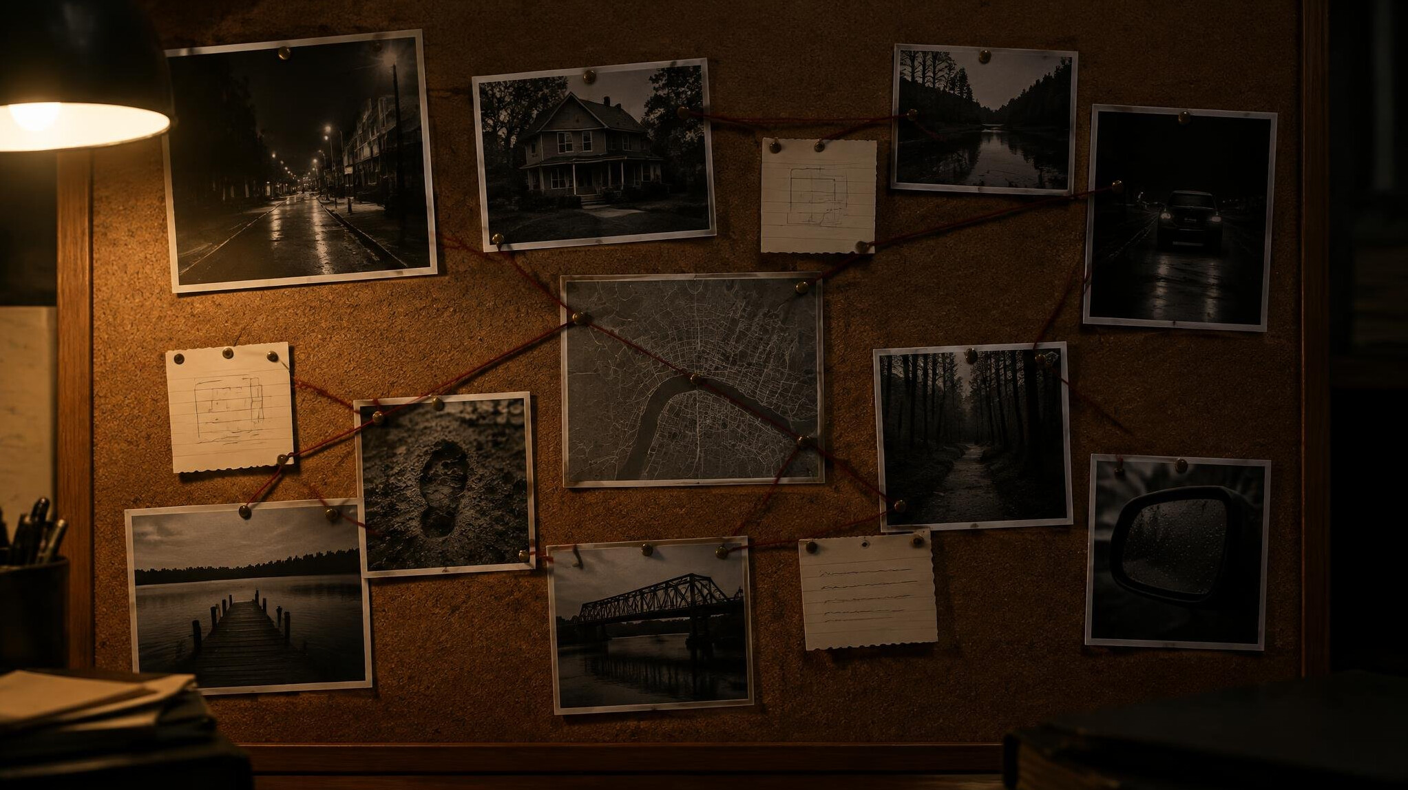 Detective-style notebook with pinned photographs and handwritten notes on a cork board