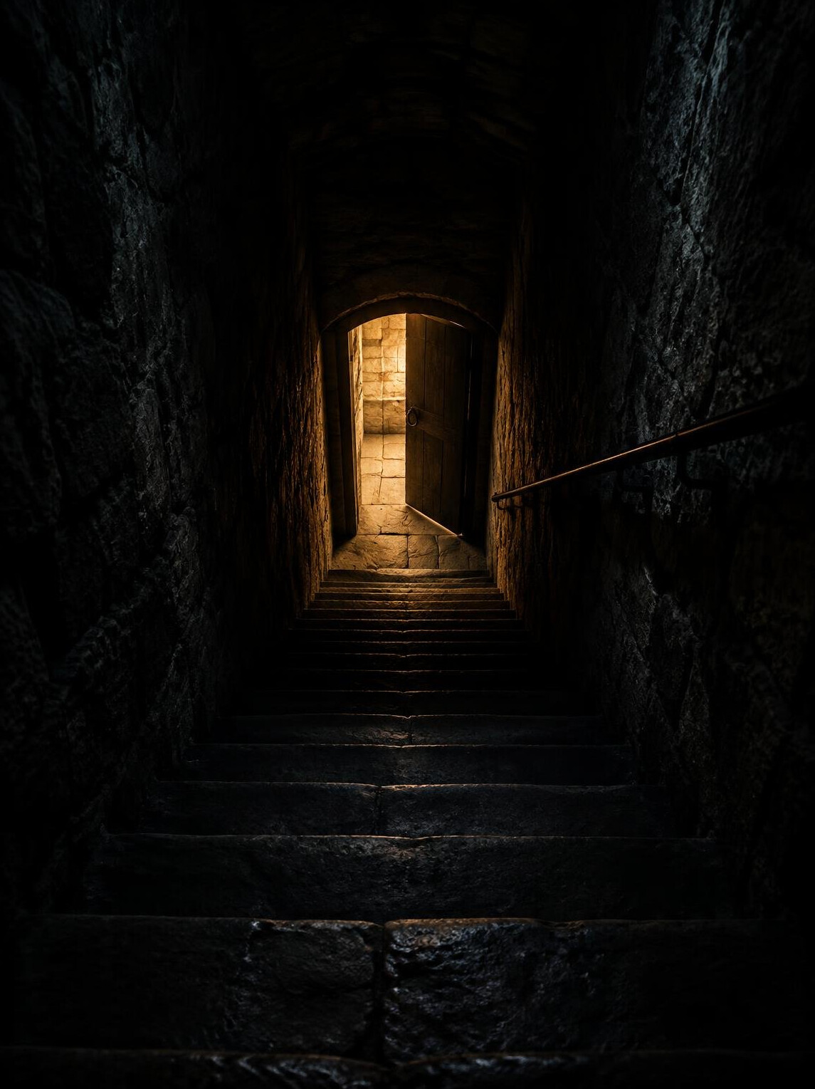 Moody photo of a narrow stone staircase descending into shadow with a lit door at the bottom