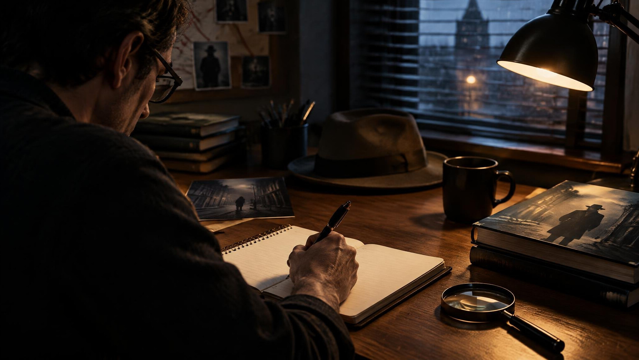 mystery writer at desk