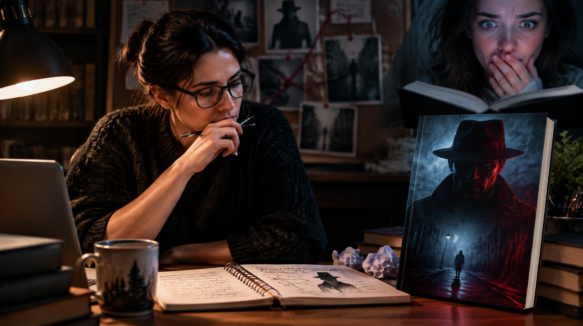 mystery writer at desk