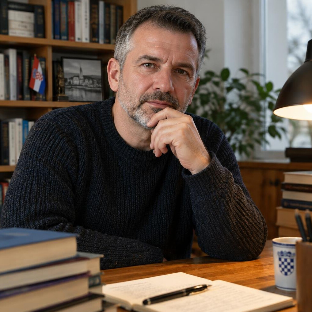 Croatian male mystery writer in his fifties sitting at a wooden desk surrounded by books