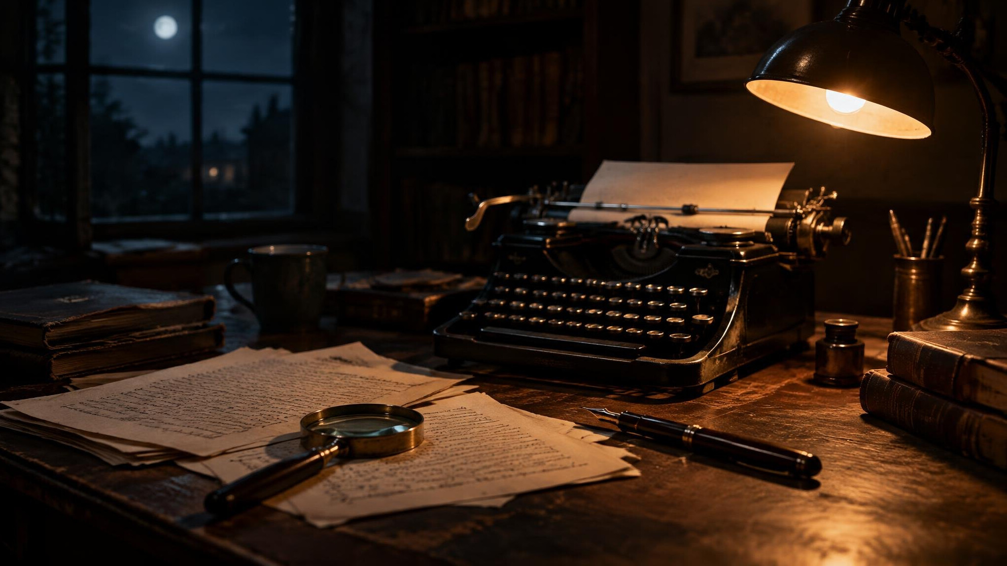 Vintage writer's desk with typewriter, manuscript pages and a magnifying glass under warm lamp light